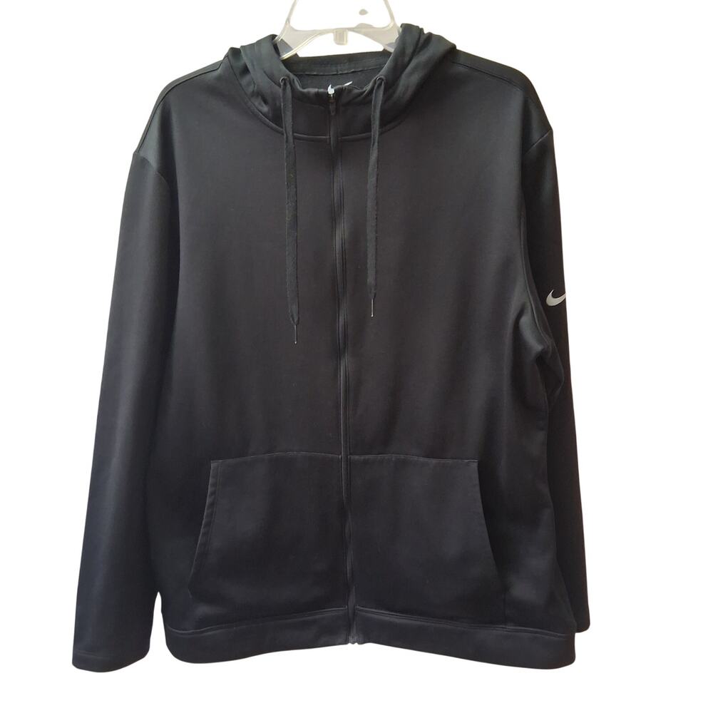 Nike Men Therma Fit Long Sleeve Black Hoodie Full Zip Pouch Pockets Fleece-L